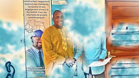 Poignée de main et remise d'un document devant un panneau de projets