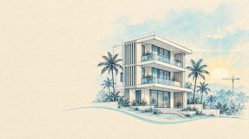 Croquis d'une villa moderne de trois niveaux à l'aube, avec grue de chantier au loin