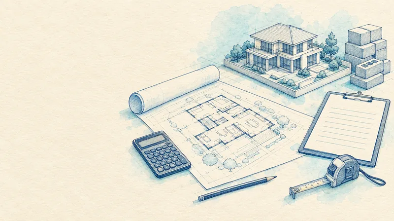 Croquis d'un plan de maison avec calculatrice, mètre ruban, bloc-notes et maquette de villa
