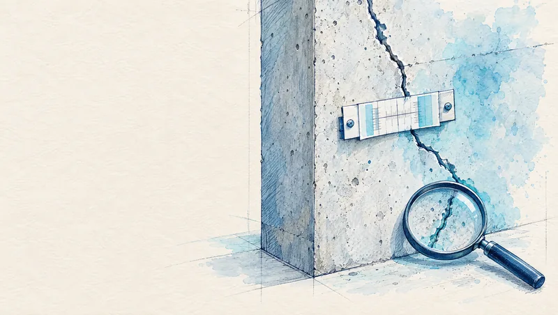 Croquis d'un poteau fissuré avec jauge de fissure et loupe