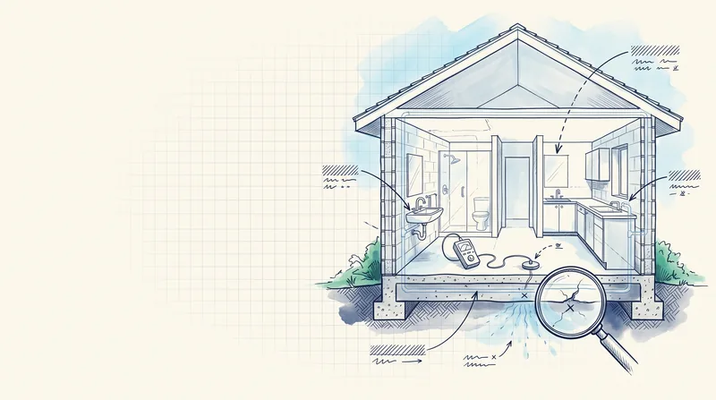 Croquis en coupe d'une pièce d'eau avec canalisations et loupe sur une fuite