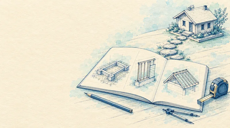 Croquis d'un guide ouvert avec schémas de fondation, mur et toiture, crayon et mètre ruban