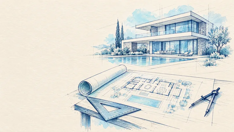 Croquis d'une table à dessin avec plan déroulé et villa en perspective