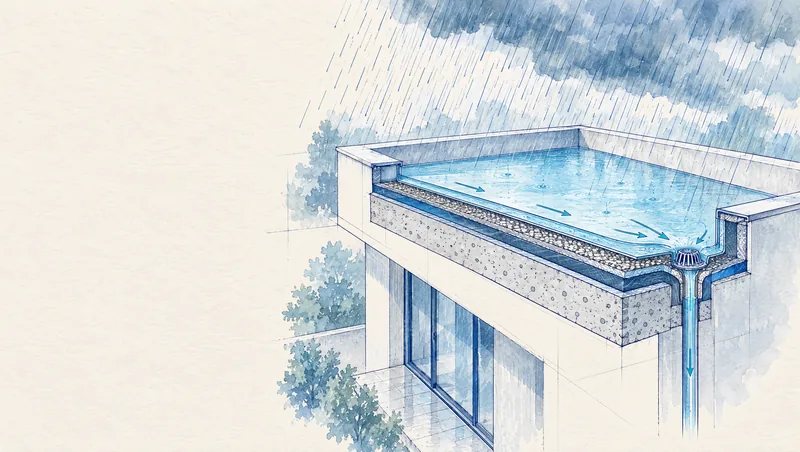 Croquis d'une maison sous la pluie avec coupe de l'étanchéité d'une terrasse
