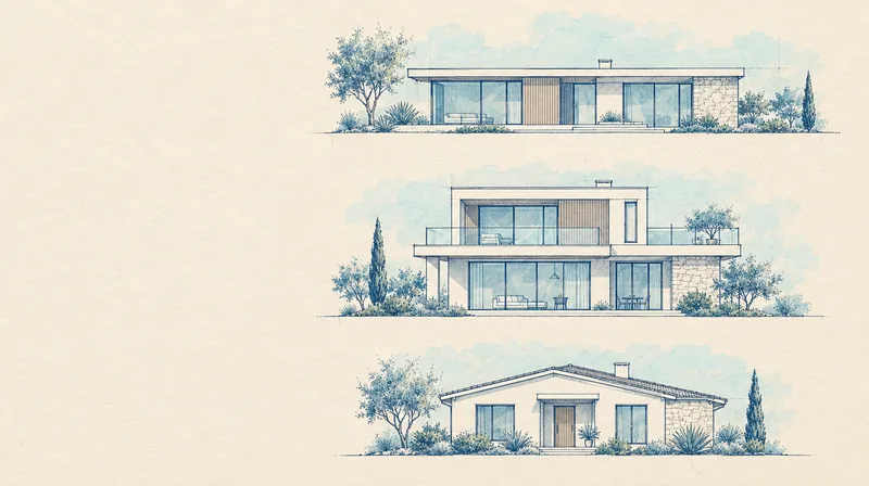 Croquis de trois façades de maisons modernes présentées côte à côte