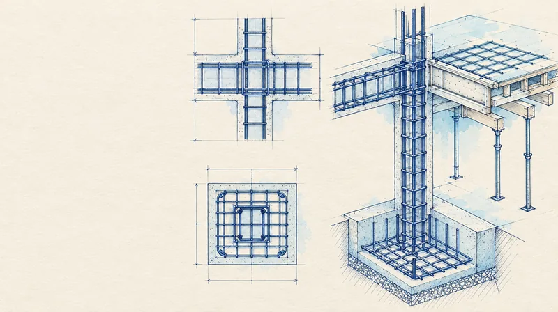 Croquis d'un nœud poteau-poutre en béton armé avec cage d'armatures et semelle de fondation