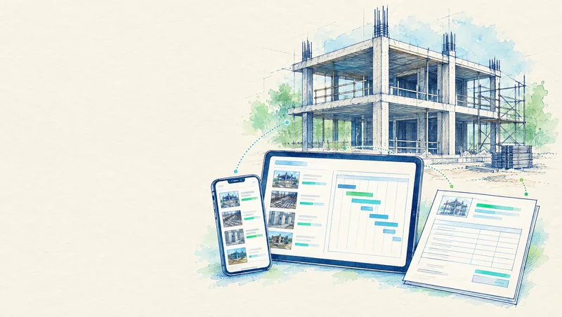 Croquis d'un chantier suivi à distance avec rapport hebdomadaire, planning et estimation sur tablette