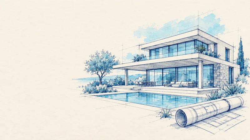 Croquis d'une villa moderne à toit plat avec terrasse couverte