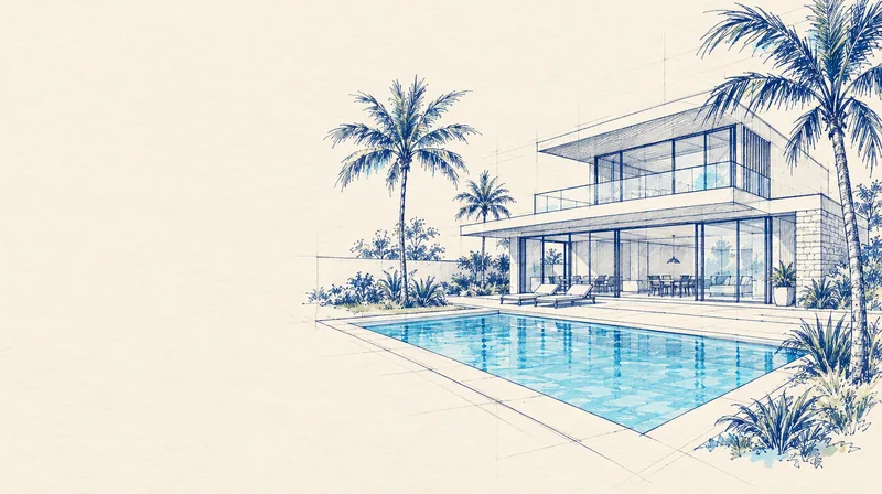 Croquis d'une villa avec piscine rectangulaire et palmiers