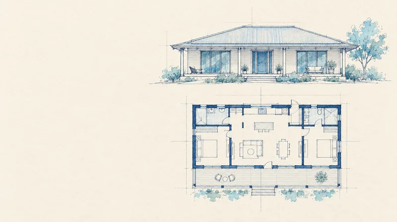 Croquis d'une maison de plain-pied avec véranda, façade et plan