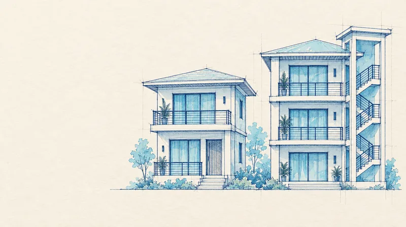 Croquis de deux maisons à un et deux étages avec balcons