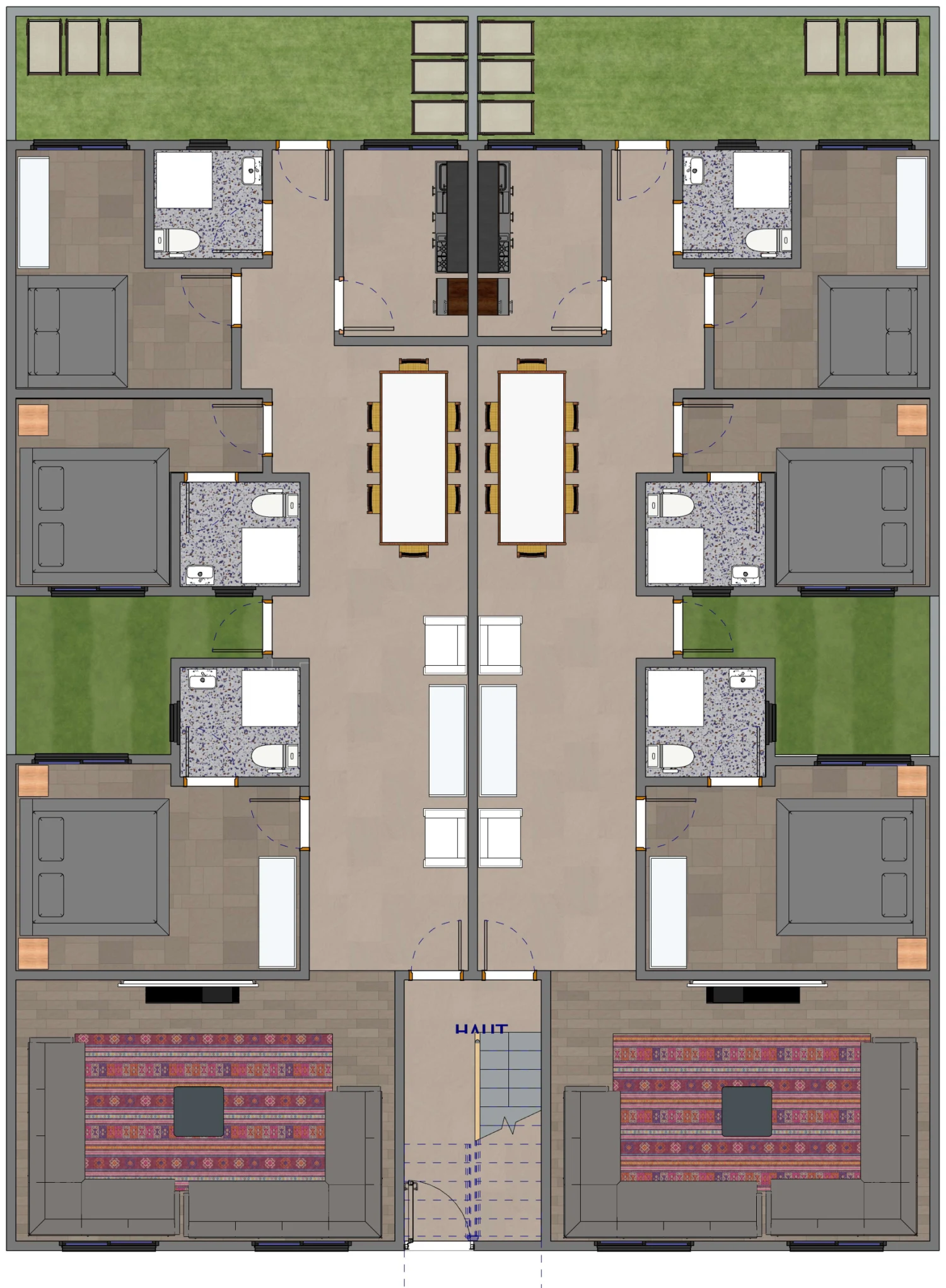 Plan du rez-de-chaussée d’une immeuble R+1 de 4 appartements à louer