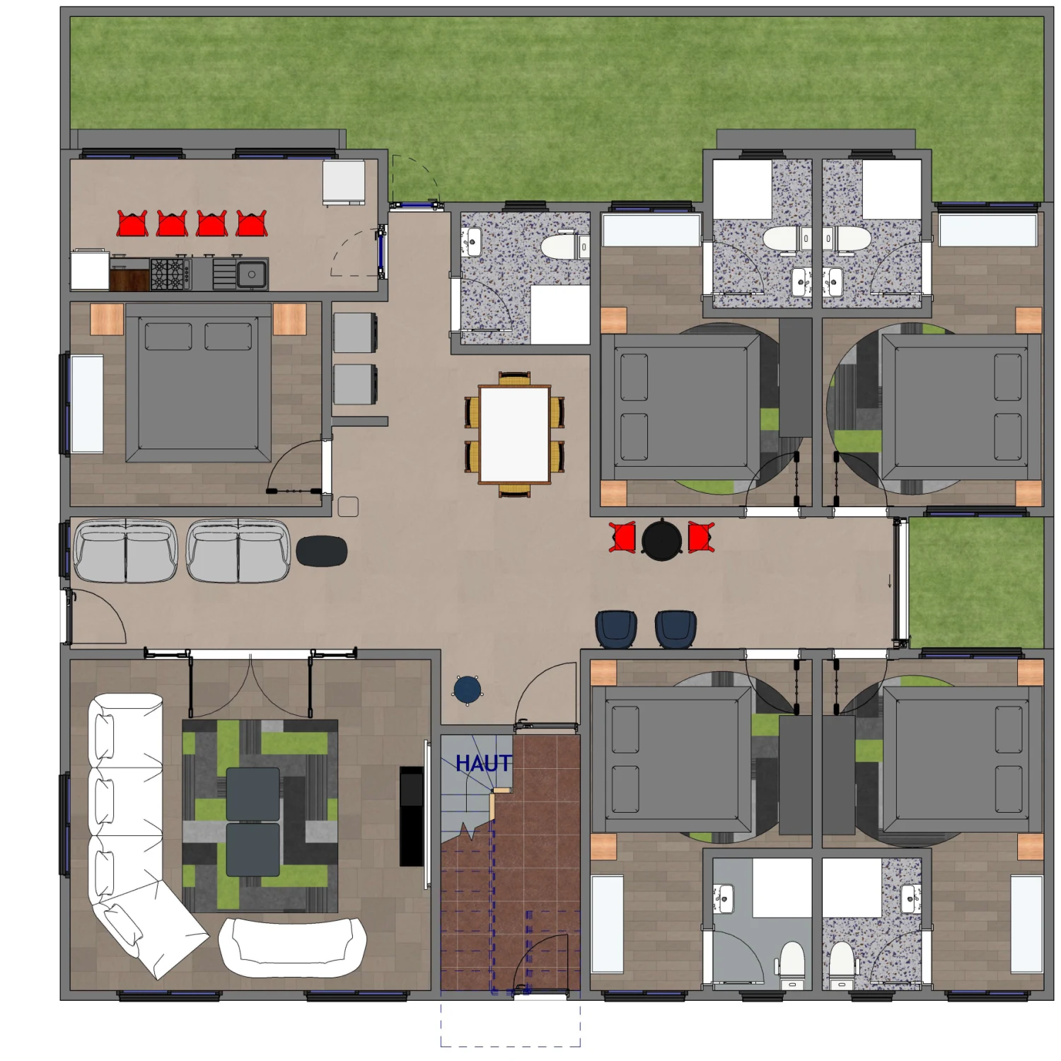 Plan du rez-de-chaussée d’un immeuble R+3 mixte, logement propriétaire et appartements à louer