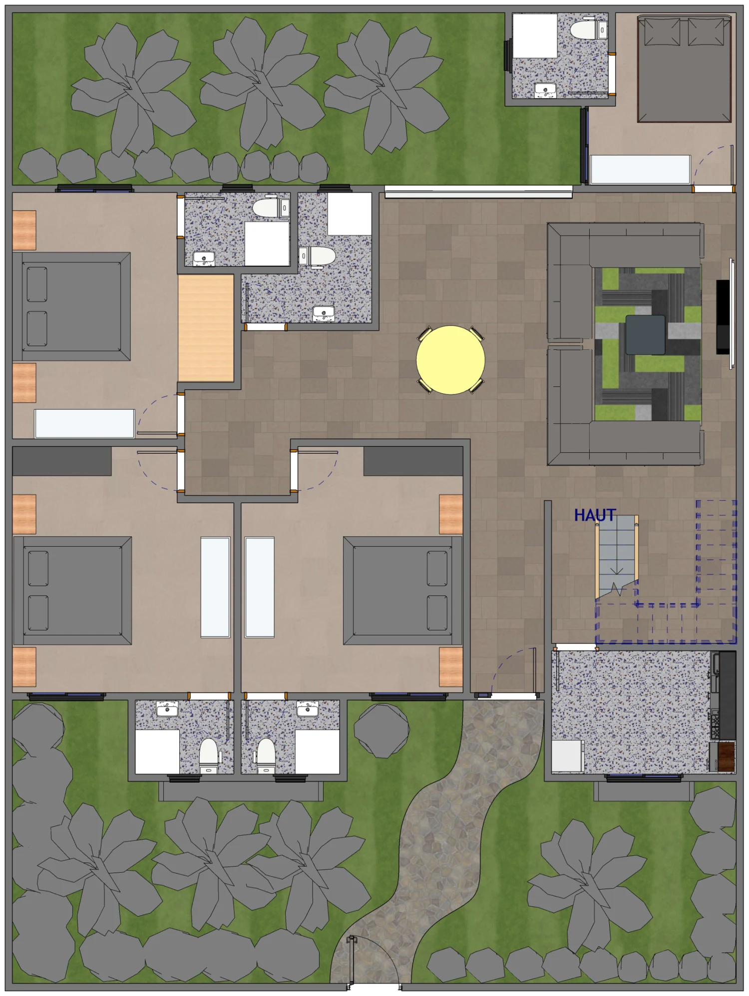 Plan du rez-de-chaussée d’une villa de plain-pied 4 chambres avec toit-terrasse