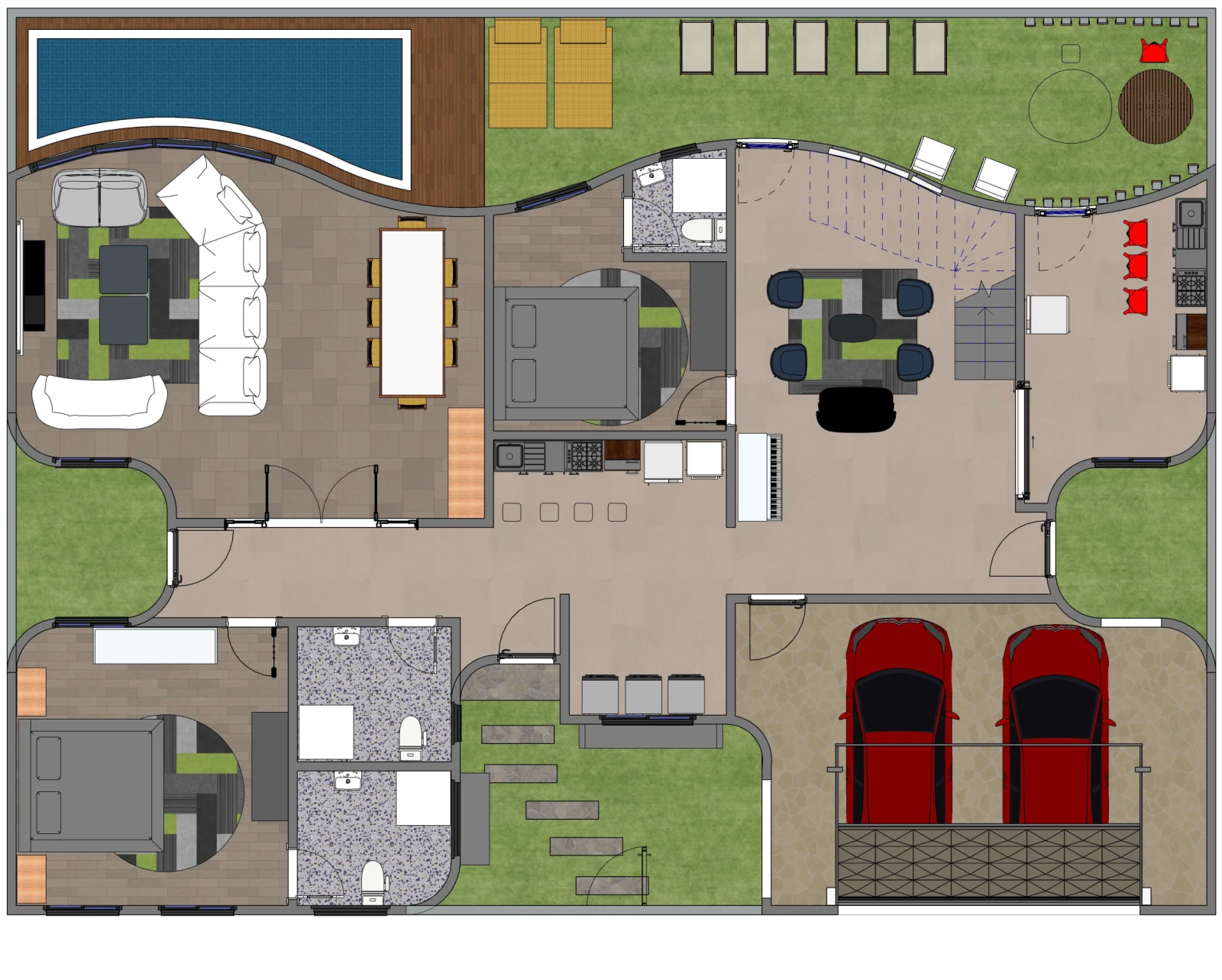 Plan du rez-de-chaussée d’une villa R+2 avec piscine, garage, salon et séjour