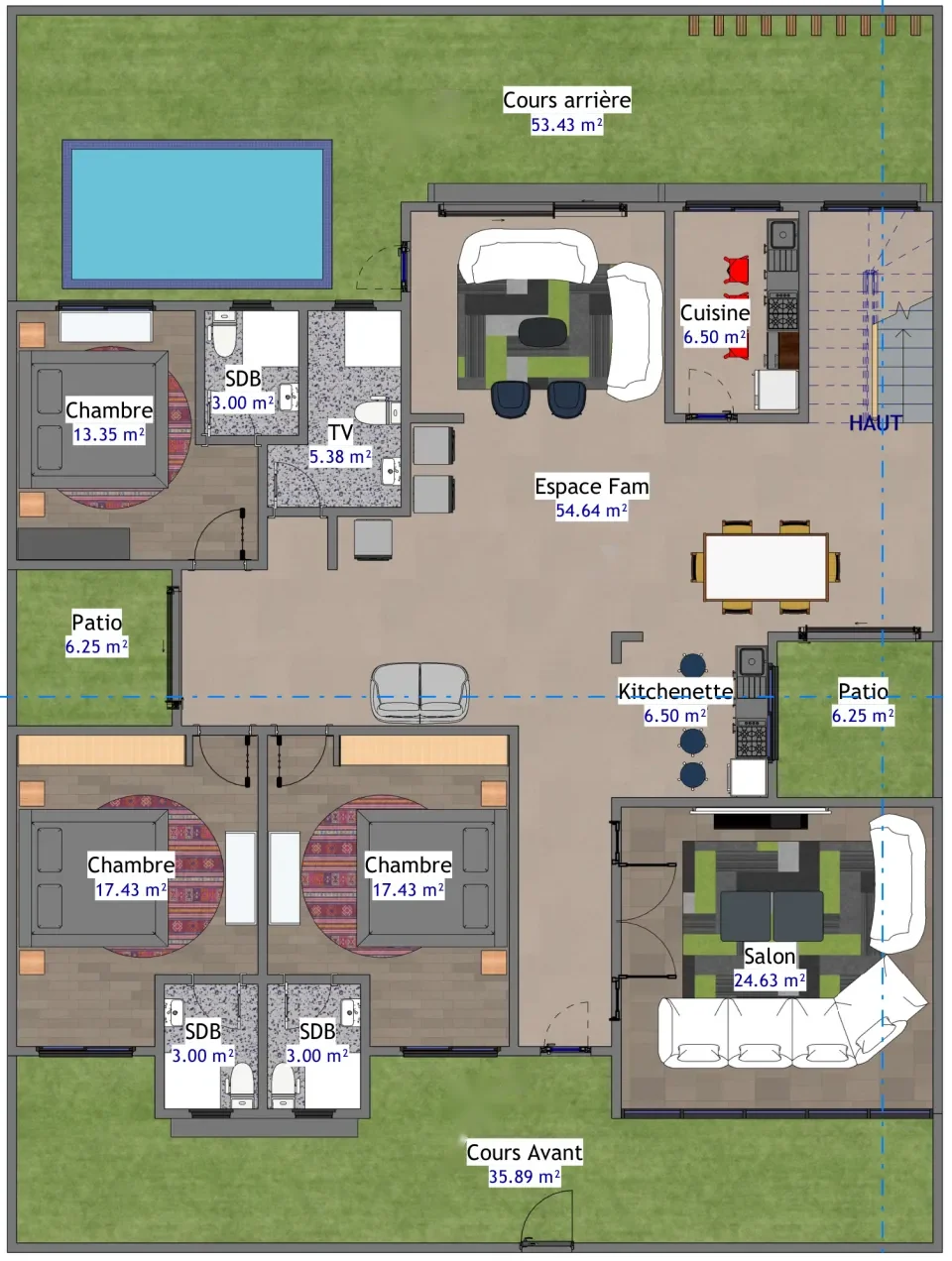 Plan du rez-de-chaussée d’une villa R+3 avec piscine, pièces cotées